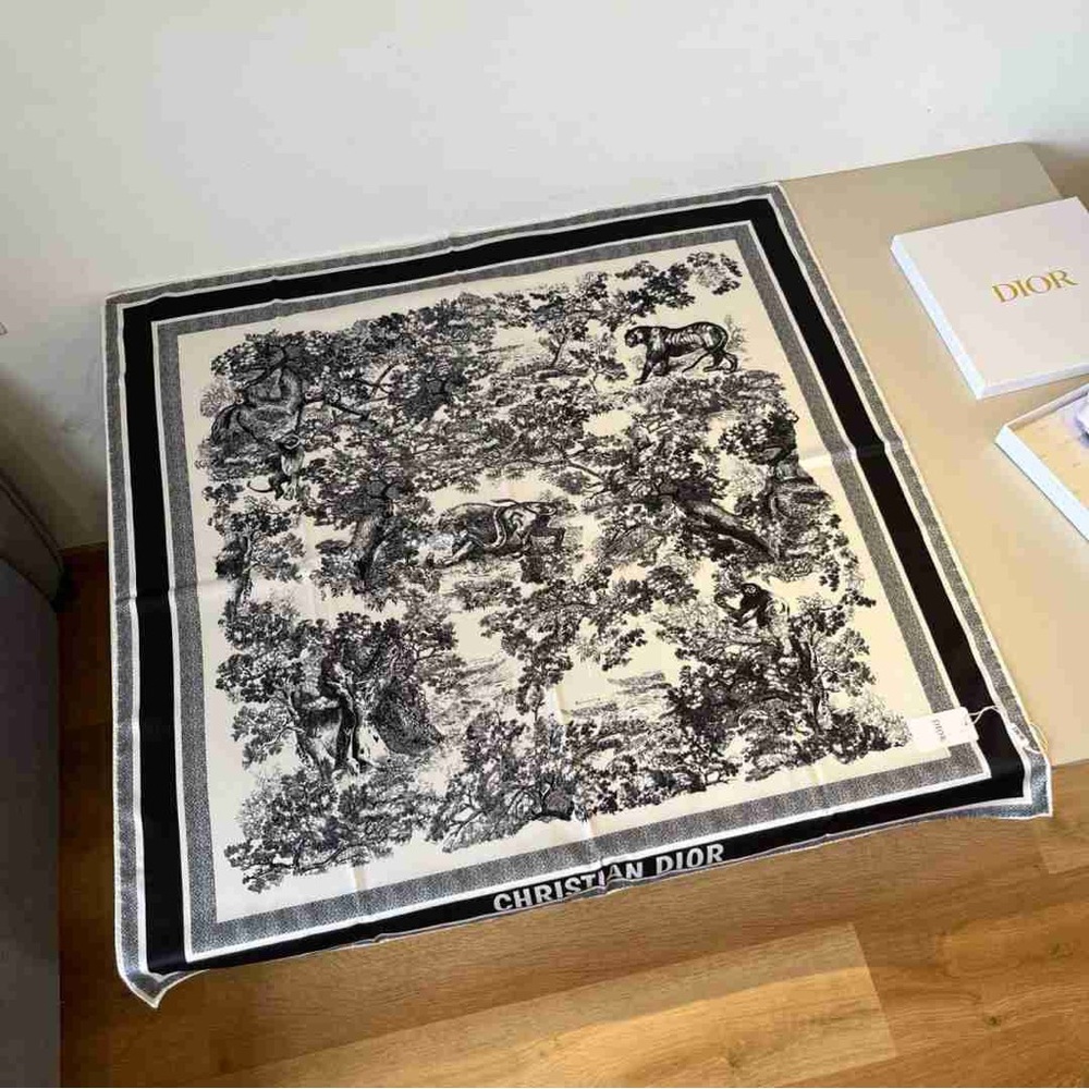 Dior "Toile de Jouy" Forest Animal Print Square Silk Scarf